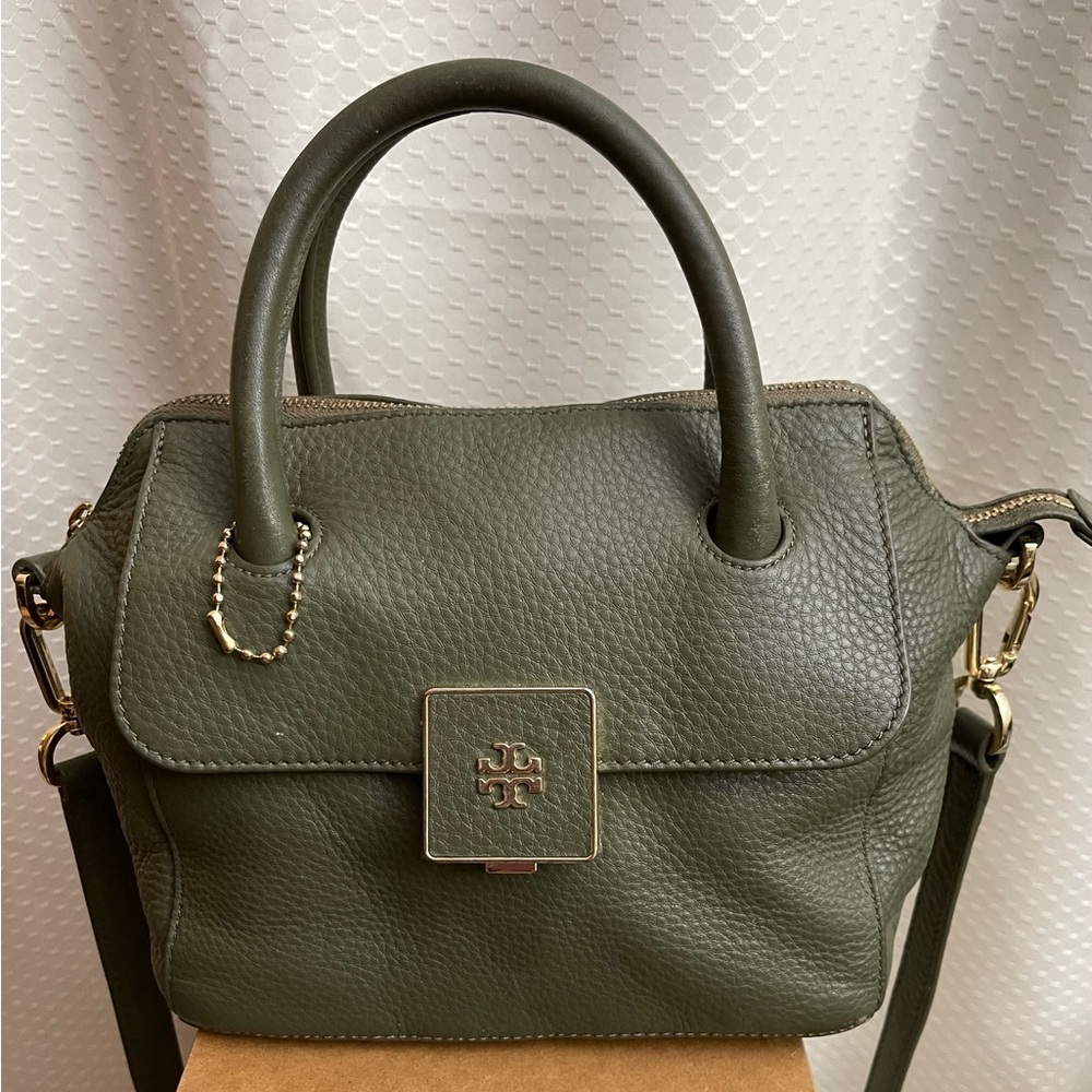 Tory Burch Olive Green Leather Satchel with Gold Hardware